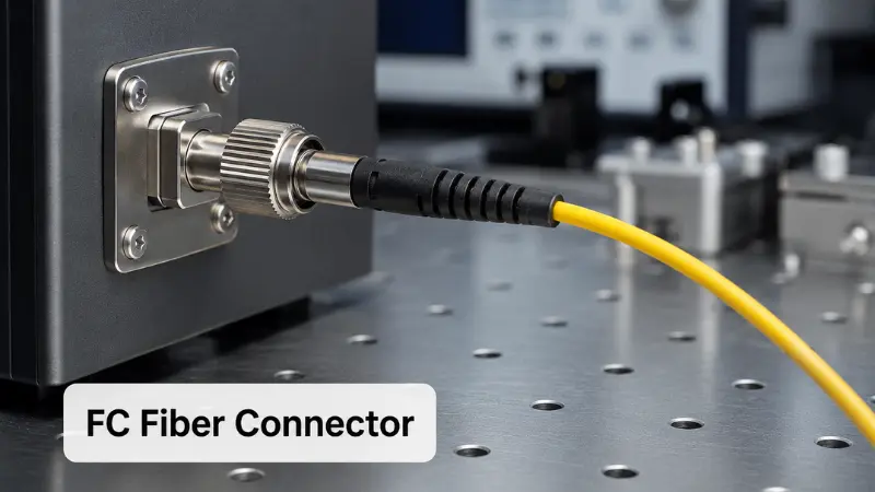 Photorealistic image of an FC fiber connector connected to an adapter port, showing its threaded coupling structure Photorealistic image of an FC fiber connector connected to an adapter port, showing its threaded coupling structure